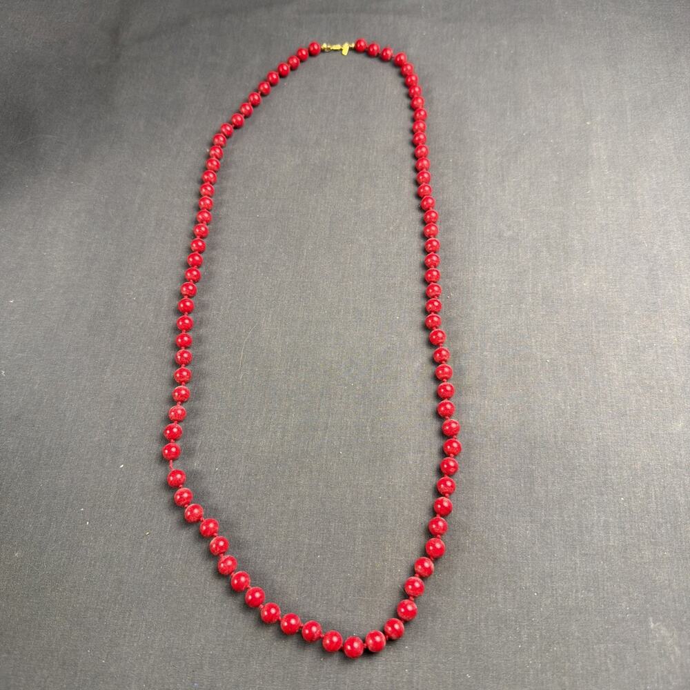 Vintage LONG Monet Red Marble Glass 6mm Knotted 32" Necklace